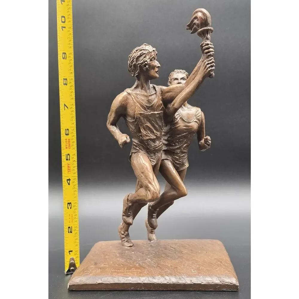 Vintage Bronze Olympic Runners Torch Sculpture 9.75